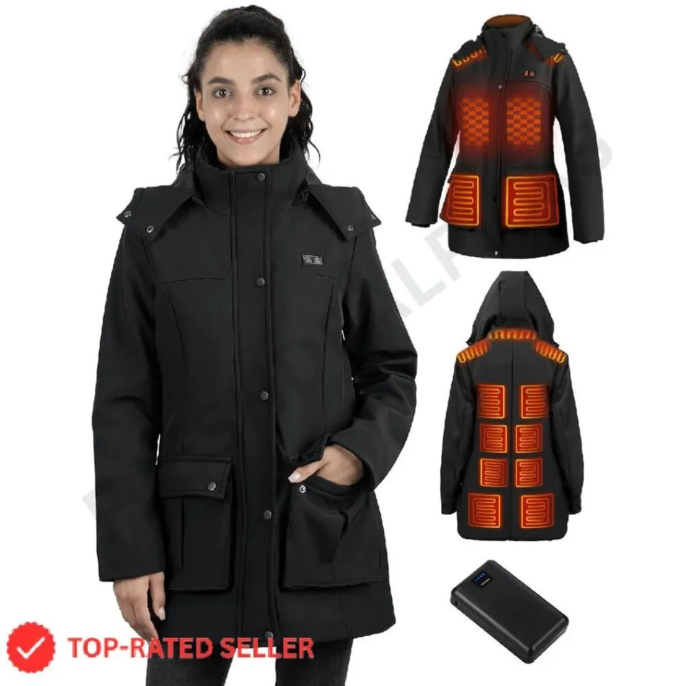 Heated Winter Coat with Detachable Hood Long Jacket Warm Tech Chic